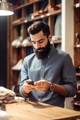 Canvas Print - cropped shot of a man looking at his cellphone while working in his store