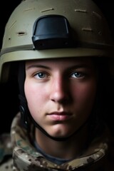 cropped portrait of a young soldier wearing his helmet