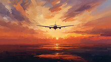 Airplane Against The Sunset Sky, Flight, Oil Painting Impressionism.