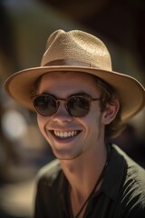 Canvas Print - a young man wearing sunglasses and a hat smiling at the camera