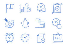 Time, Calendar Doodle Line Icon Set. Hand Drawn Doodle Sketch Line Style Business Time Management, Project Deadline Concept. Alarm Clock, Calendar, Stopwatch Cute Elements. Vector Illustration