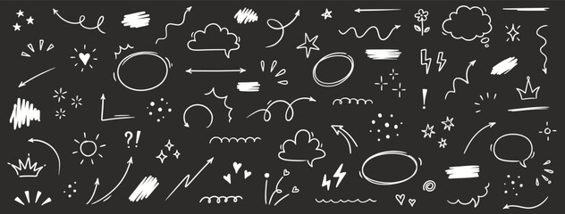 Aufkleber - Sketch line cute star element, arrow, heart shape. Hand drawn doodle sketch style circle, cloud speech bubble grunge element set. Arrow, star sparkle, heart brush decoration. Vector illustration