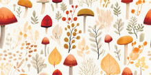 Seamless Pattern With Acorns And Autumn Oak Leaves In Orange, Beige, Brown And Yellow. Perfect For Wallpaper, Gift Paper, Pattern Fills, Web Page Background, Autumn Greeting Cards.