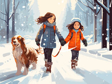 Vector Illustration Of Two Kids Walking With A Dog On The Street In Winter. In Hat, Jacket, Jeans, Boots, Mittens. Snowflakes Are Falling. The Dog Pulls On The Leash. For New Year Card