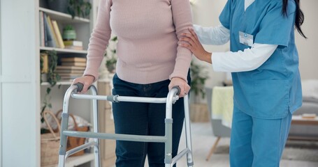 Canvas Print - Caregiver, hands or elderly woman walking with walker for support, geriatric senior care or old age movement disability. Retirement nursing home, disabled or closeup nurse helping patient with moving