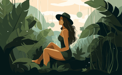 Jungle forest, nature landscape with green plants, trees. Person explores, travels in rainforest, dense Amazon woods adventure. Tropical panorama, exotic environment. Flat vector illustration