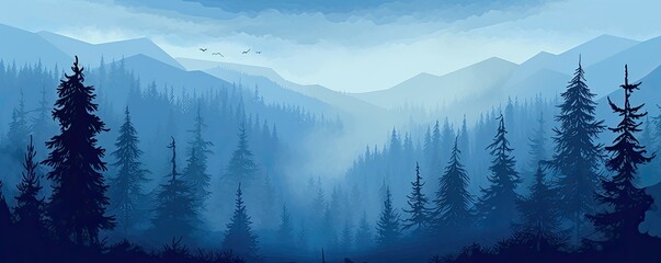 Wall Mural - fir tree forest in fog nature landscape illustration