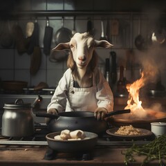 Goat wearing a chef's suit cooking in the kitchen