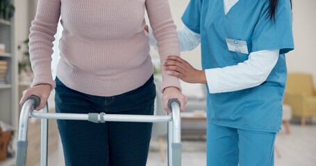 Canvas Print - Nurse, hands or senior woman walking with walker for support, elderly care or old age movement disability. Retirement home volunteer, charity or closeup caregiver helping patient with disabled moving