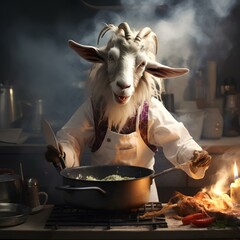 Wall Mural - Goat wearing a chef's suit cooking in the kitchen