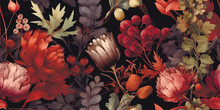 Colorful Floral Pattern, Thistles, Leaves, Mushrooms In Autumnal Hues On A Dark Background. Autumn Floral Background. Floral Pattern, Perfect For Decoration And Fabrics