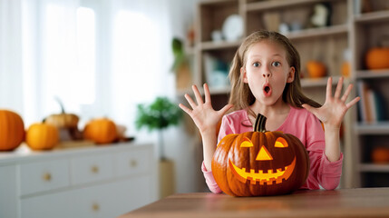 Wall Mural - girl with carving pumpkin