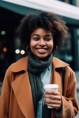 Wall Mural - phone, coffee and black woman in city for travel, walking or outdoor with smile on face