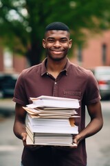 Canvas Print - a young man holding a stack of papers outside