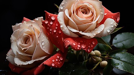 Wall Mural - Bouquet of red and white roses with water drops on black background. Mother's day concept with a space for a text. Valentine day concept with a copy space.