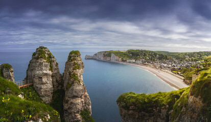 Wall Mural - Etretat village. Aerial view from the cliff. Normandy, France.