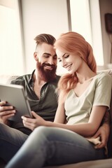 Canvas Print - shot of a happy young couple sitting on the sofa and using a digital tablet