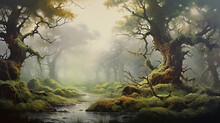Landscape Huge Old Oaks In The Swamp Oil Paint Delicate Colors Paintings On Canvas.