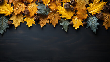 Wall Mural - background frame school chalkboard black framed with yellow autumn leaves.
