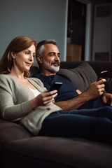 Poster - shot of a couple using their smartphones while relaxing together on the sofa at home