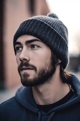 Wall Mural - shot of a young man wearing a beanie outside