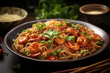 Wall Mural - A plate of noodles with shrimp and vegetables. Digital image. Tasty Lo Mein dish.