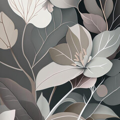 Wall Mural - Soft grey and pink shades flowers with stems and leaves. Watercolor art background.