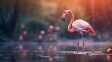 Pink Flamingo On The Lake, Pink Flamingo Swimming On The Water, Close-up Of A Beautiful Pink Flamingo