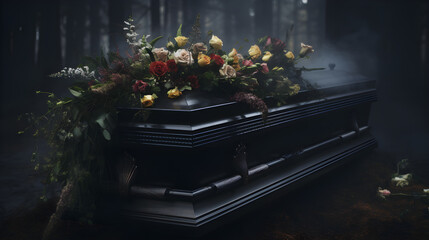 Wall Mural - Death, funeral and coffin with family mourning, sad and depressed for grieving time. Grief together, mental health and people in black suits giving their last goodbyes at the cemetery