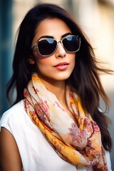 shot of an attractive young woman wearing a scarf and sunglasses