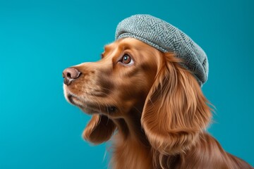 Wall Mural - Photography in the style of pensive portraiture of a cute cocker spaniel wearing a cool cap against a soft blue background. With generative AI technology