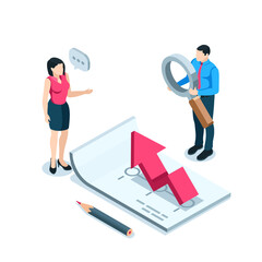 Wall Mural - isometric man with a magnifying glass and a woman stand near a sheet of paper with a chart and an arrow in color on a white background, working with financial data or statistics