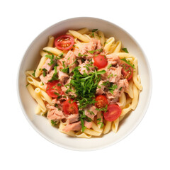 Wall Mural - Plate of Tuna Penne Pasta with Tomatoes Isolated on a Transparent Background