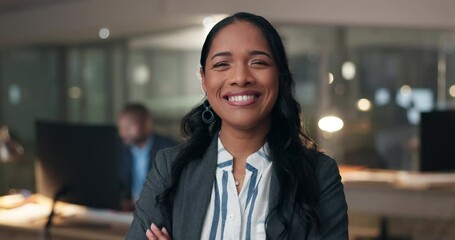 Poster - Business, portrait and woman with arms crossed, smile and leadership with corporate pride in HR. Businesswoman, human resources and happy recruitment manager with confidence in professional career.