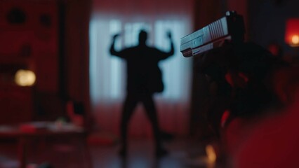 The arrest of a burglar in a dark apartment lit by red light. The offender stands with his arms raised. A gun in the hand of a policeman on a blurred background of a criminal close up.