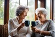 © useful pictures - Happy positive Grandson and Grandmother drinking tea in sunroom, holding glasses, keeping healthy hydration, diet, lifestyle, ca . Caring for family health, wellbeing