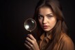 a beautiful young woman holding up a magnifying glass