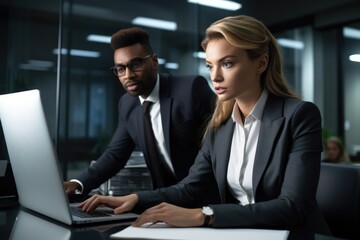 Wall Mural - shot of two young businesspeople working together on a laptop in a modern office