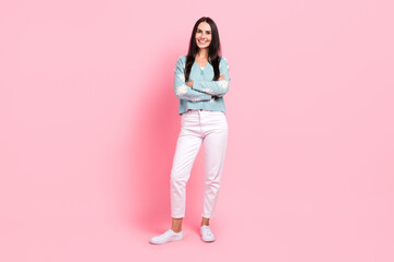 Sticker - Full length photo of cheerful positive woman dressed blue cardigan smiling arms crossed isolated pink color background