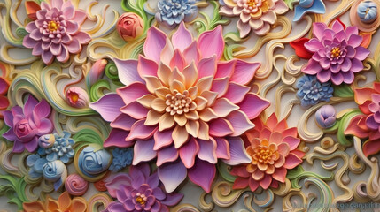 Wall Mural - 3d multicolored flowers three-dimensional painting background. flower ornament  AI