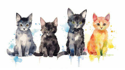 Wall Mural - multicolored watercolor cats on a white background isolated.  AI