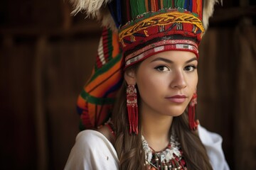 Wall Mural - portrait of a beautiful young woman wearing a traditional headdress