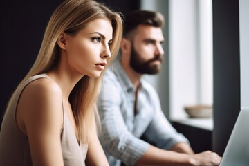 Poster - shot of an attractive woman sitting and looking at a laptop while her husband stands in the background