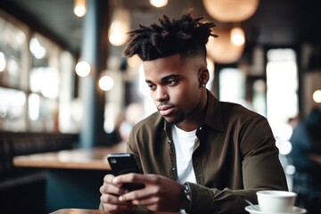 Wall Mural - shot of a confident young man using a cellphone in a cafe