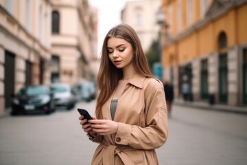 Poster - full length shot of an attractive young woman standing outdoors and using her cellphone