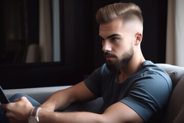 Canvas Print - cropped portrait of a handsome young man using his tablet while sitting on the couch at home