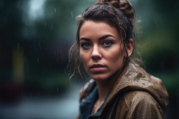 Wall Mural - shot of an attractive young woman standing outside in the rain