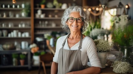 Senior flower shop owner with grey hair standing in her shop. Generative AI