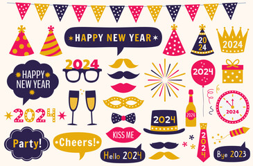 Canvas Print - New Year 2024 vector photo booth props