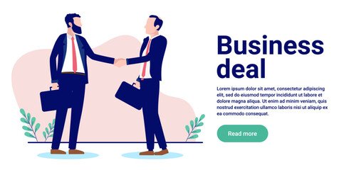 Aufkleber - Business deal web banner - Vector illustration of two businessmen shaking hands over deal and agreement. Flat design with copy space for text and white background